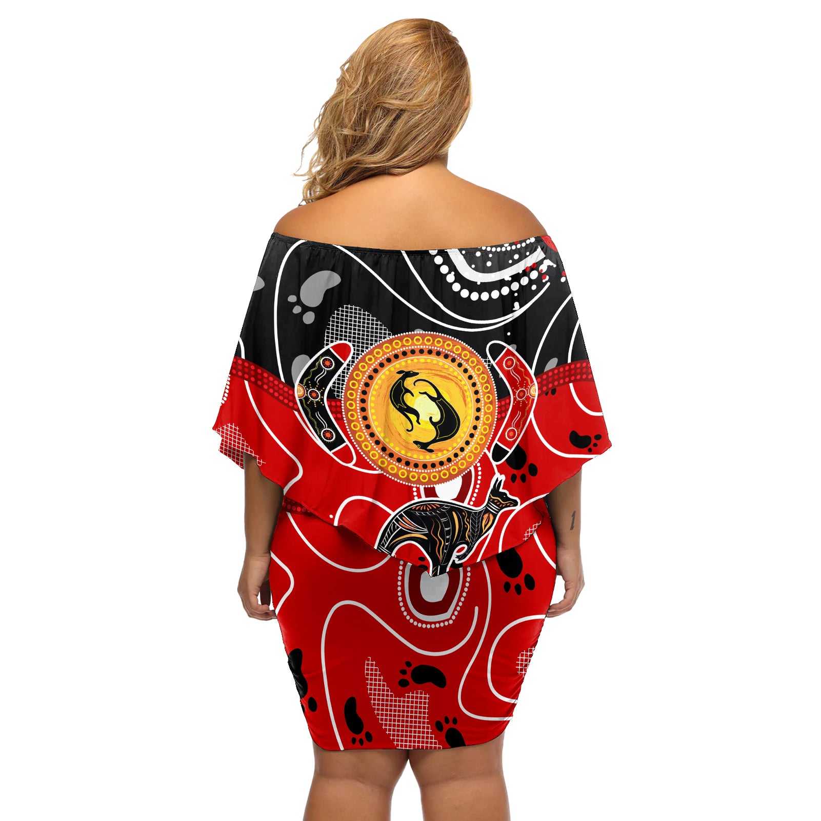 Aboriginal Flag Style Dot Art And Abstract Kangaroo Off Shoulder Short Dress