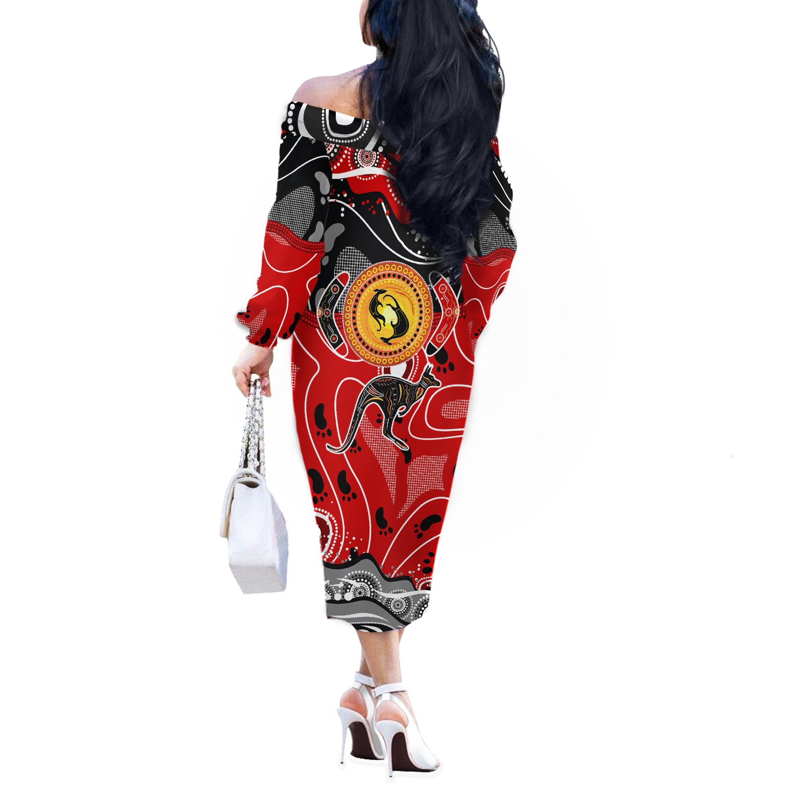 Aboriginal Flag Style Dot Art And Abstract Kangaroo Off The Shoulder Long Sleeve Dress