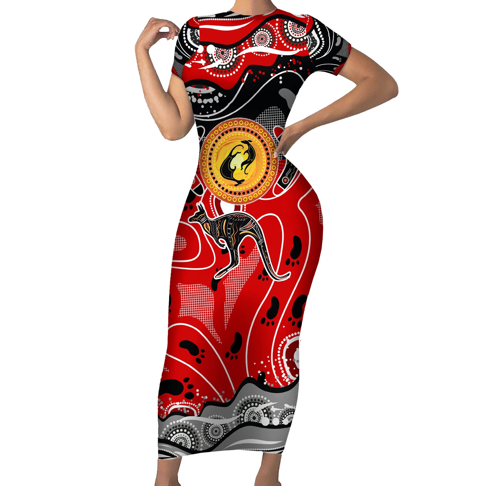 Aboriginal Flag Style Dot Art And Abstract Kangaroo Short Sleeve Bodycon Dress