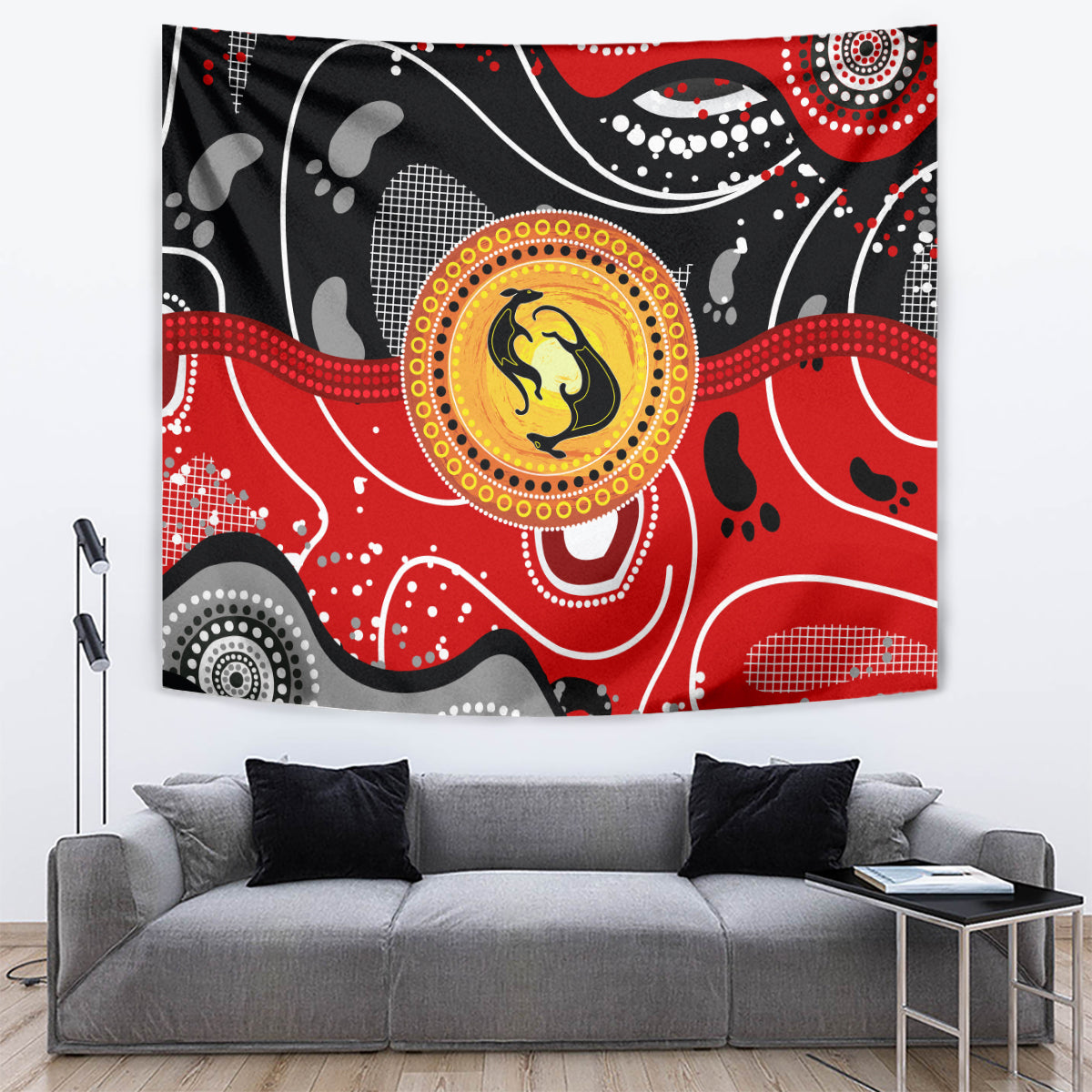 Aboriginal Flag Style Dot Art And Abstract Kangaroo Tapestry - Vibe Hoodie Shop