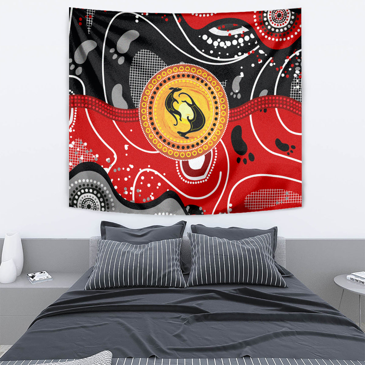 Aboriginal Flag Style Dot Art And Abstract Kangaroo Tapestry - Vibe Hoodie Shop