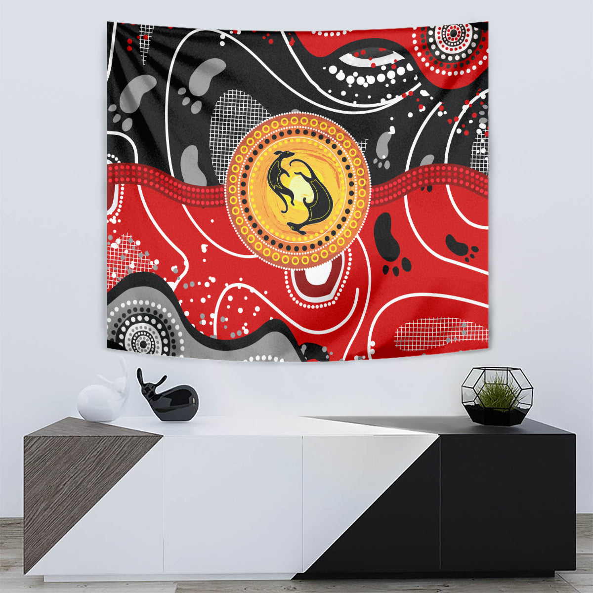 Aboriginal Flag Style Dot Art And Abstract Kangaroo Tapestry - Vibe Hoodie Shop