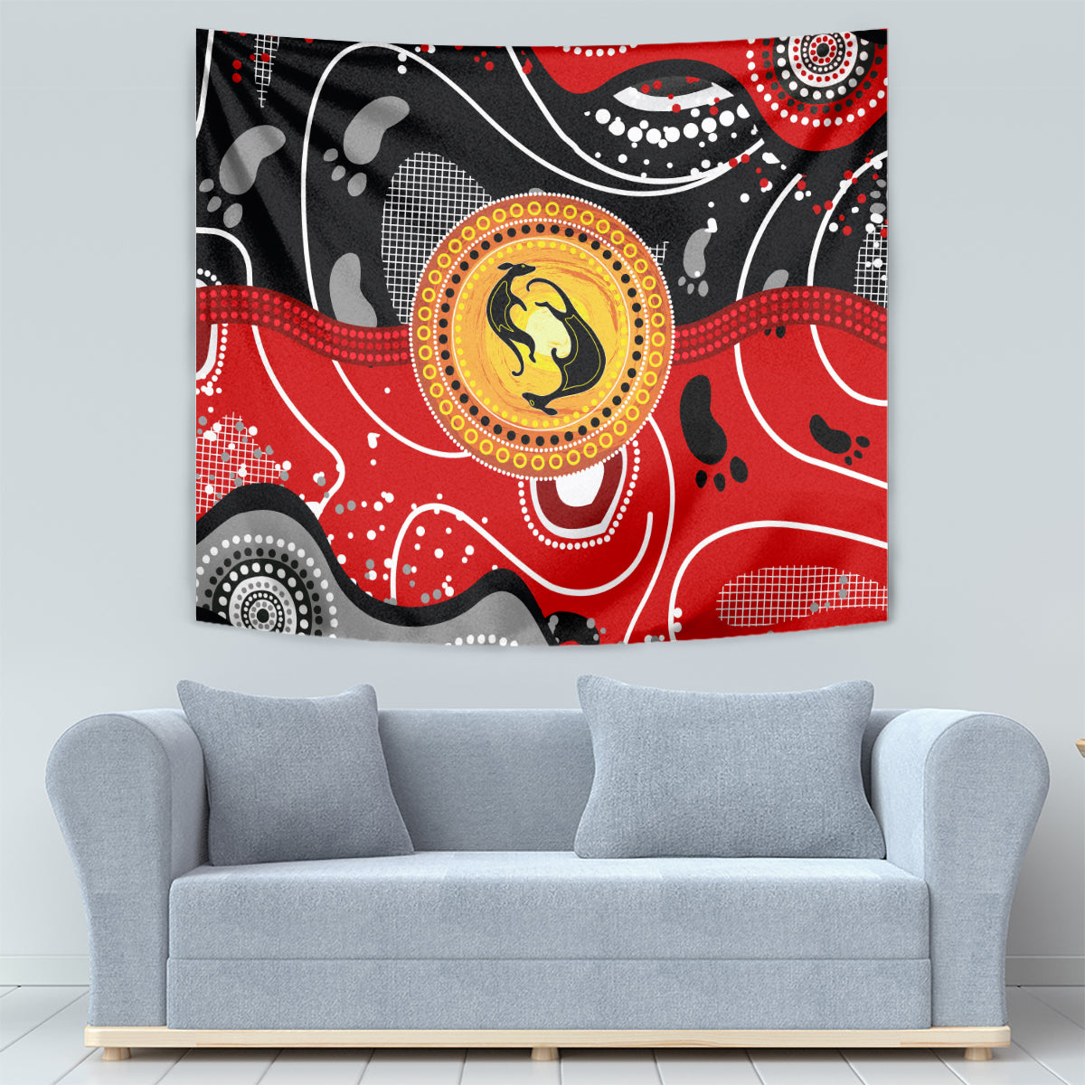 Aboriginal Flag Style Dot Art And Abstract Kangaroo Tapestry - Vibe Hoodie Shop