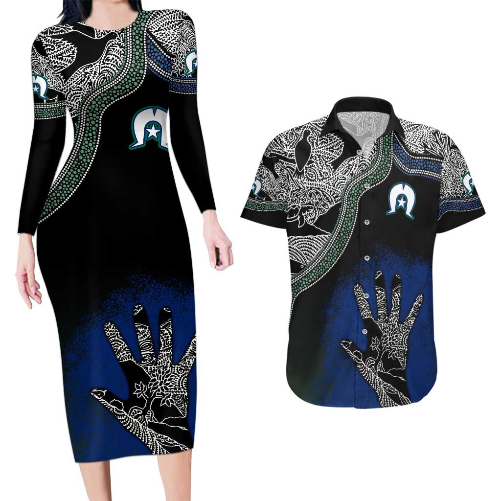 Black And White Aboriginal - Torres Strait Islanders Flag Couples Matching Long Sleeve Bodycon Dress and Hawaiian Shirt TS04