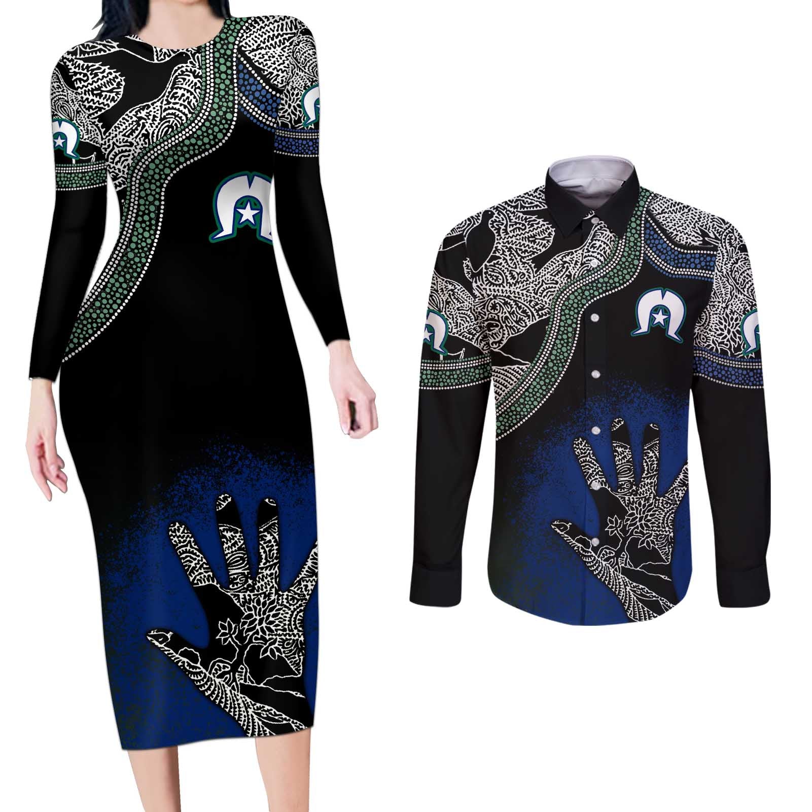 Black And White Aboriginal - Torres Strait Islanders Flag Couples Matching Long Sleeve Bodycon Dress and Long Sleeve Button Shirt TS04