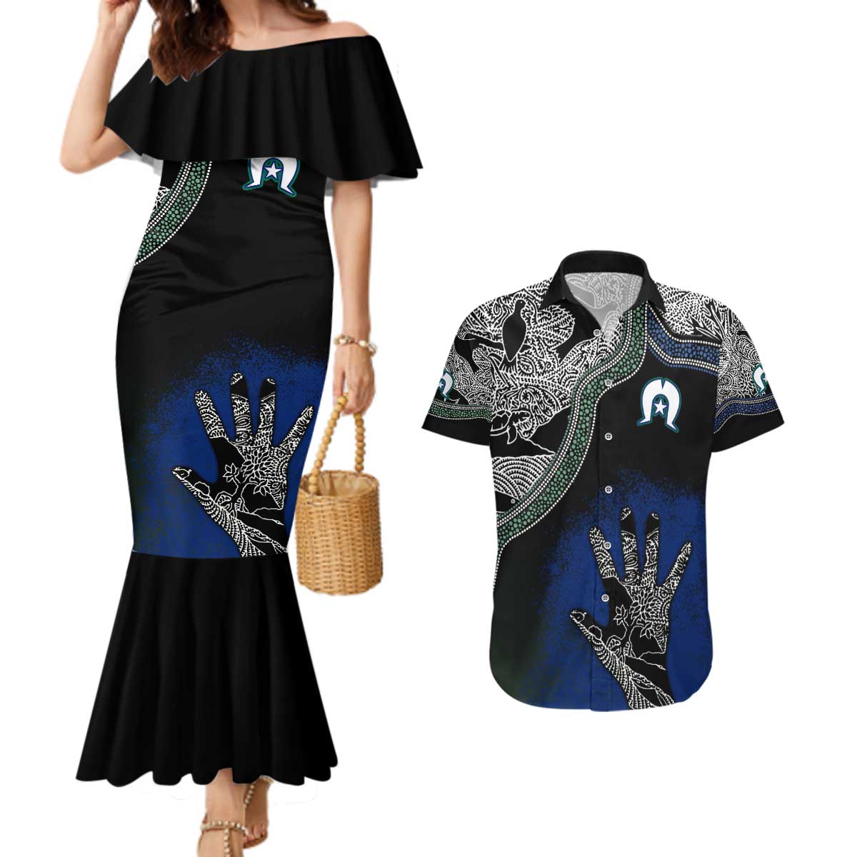 Black And White Aboriginal - Torres Strait Islanders Flag Couples Matching Mermaid Dress and Hawaiian Shirt TS04