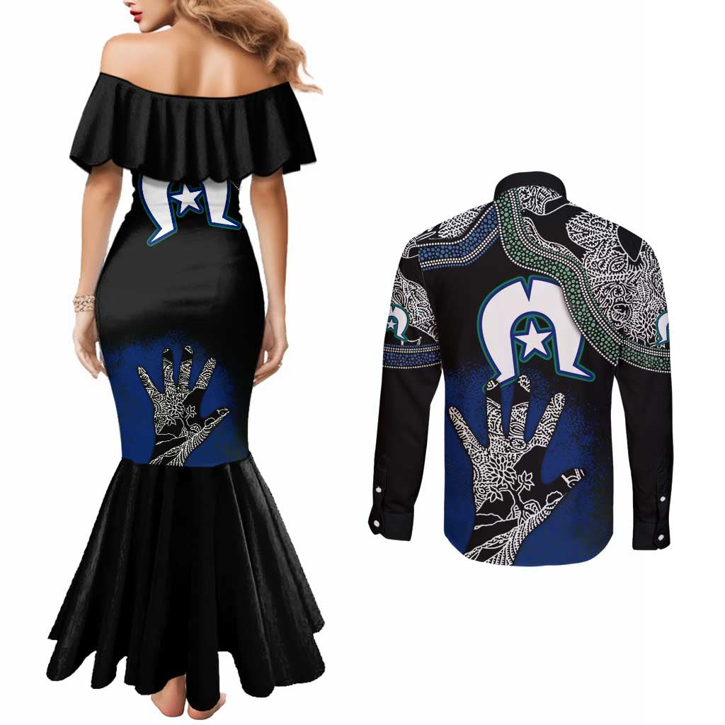 Black And White Aboriginal - Torres Strait Islanders Flag Couples Matching Mermaid Dress and Long Sleeve Button Shirt TS04