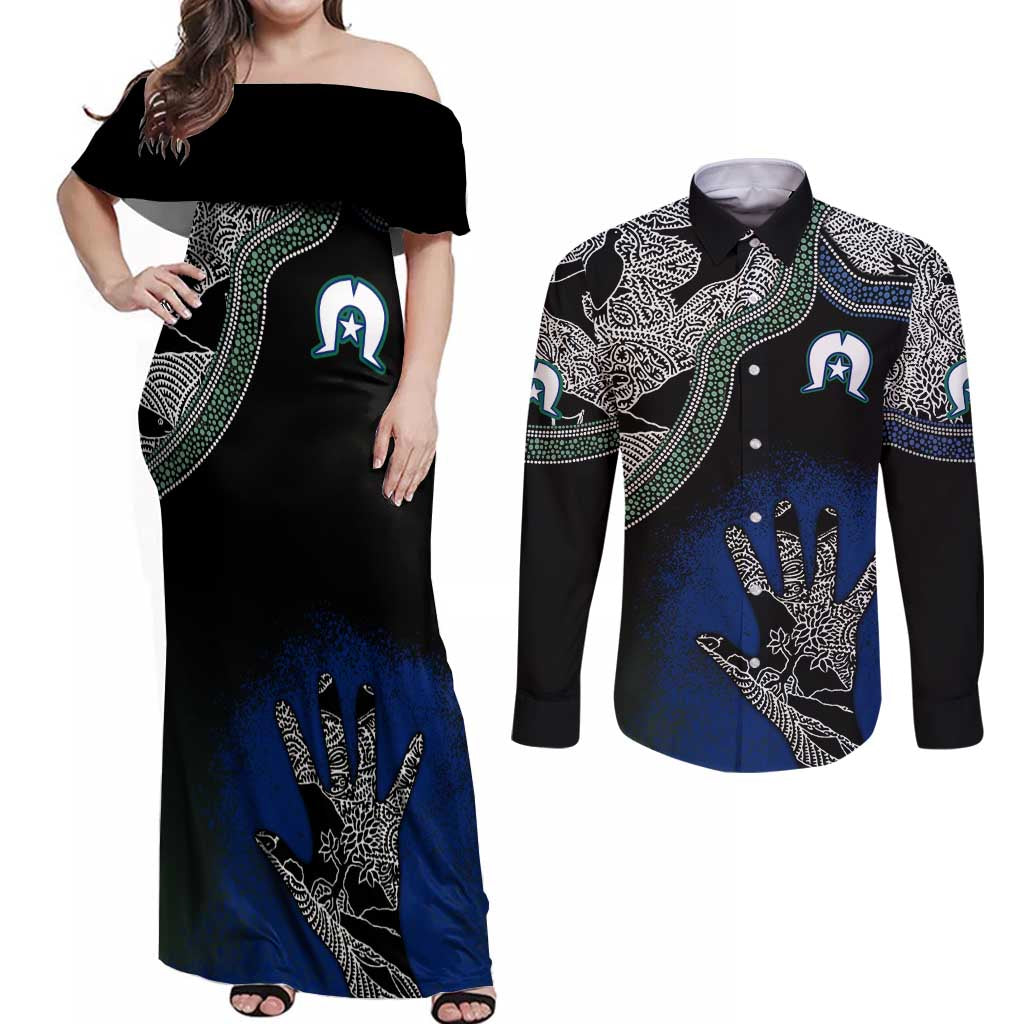 Black And White Aboriginal - Torres Strait Islanders Flag Couples Matching Off Shoulder Maxi Dress and Long Sleeve Button Shirt TS04