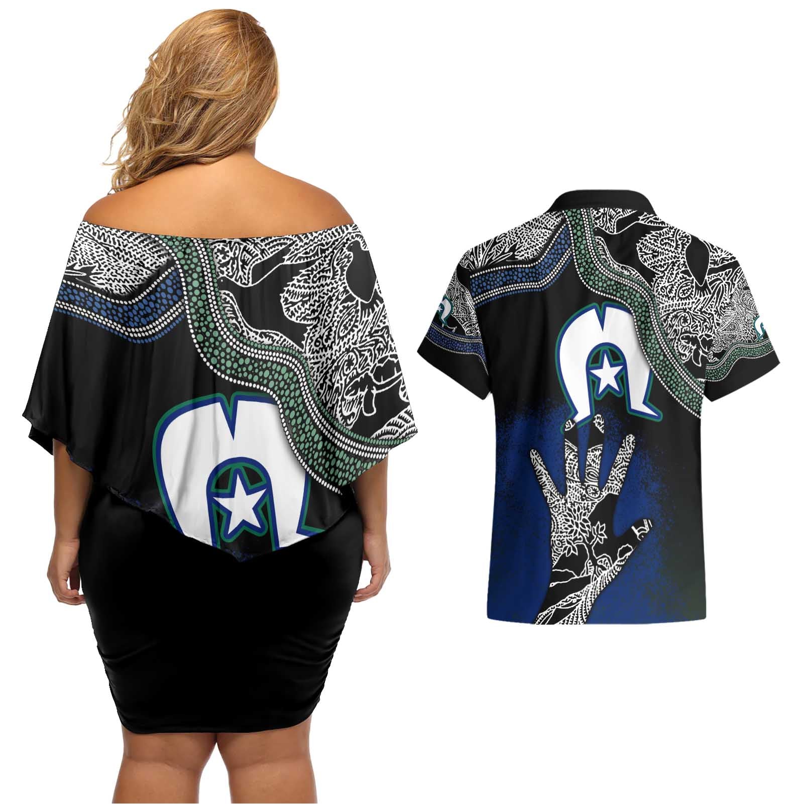 Black And White Aboriginal - Torres Strait Islanders Flag Couples Matching Off Shoulder Short Dress and Hawaiian Shirt TS04