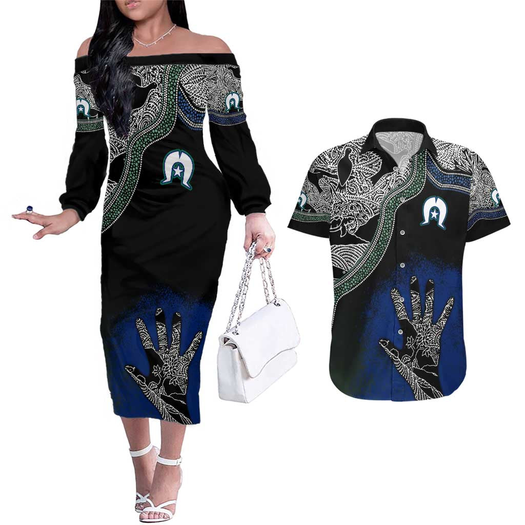 Black And White Aboriginal - Torres Strait Islanders Flag Couples Matching Off The Shoulder Long Sleeve Dress and Hawaiian Shirt TS04