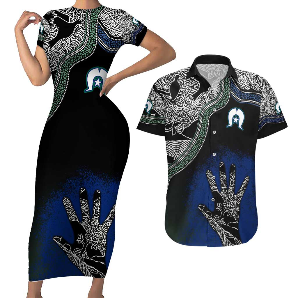 Black And White Aboriginal - Torres Strait Islanders Flag Couples Matching Short Sleeve Bodycon Dress and Hawaiian Shirt TS04