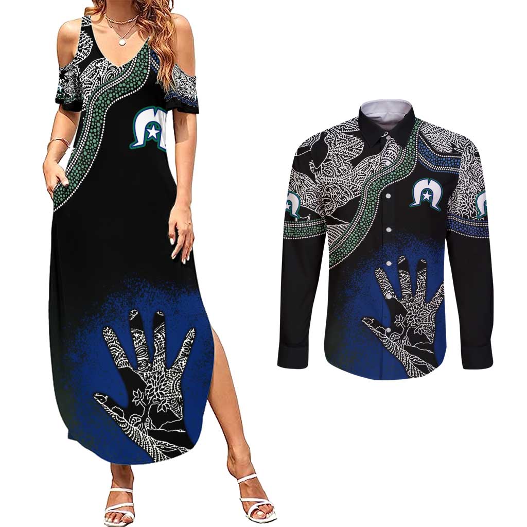 Black And White Aboriginal - Torres Strait Islanders Flag Couples Matching Summer Maxi Dress and Long Sleeve Button Shirt TS04