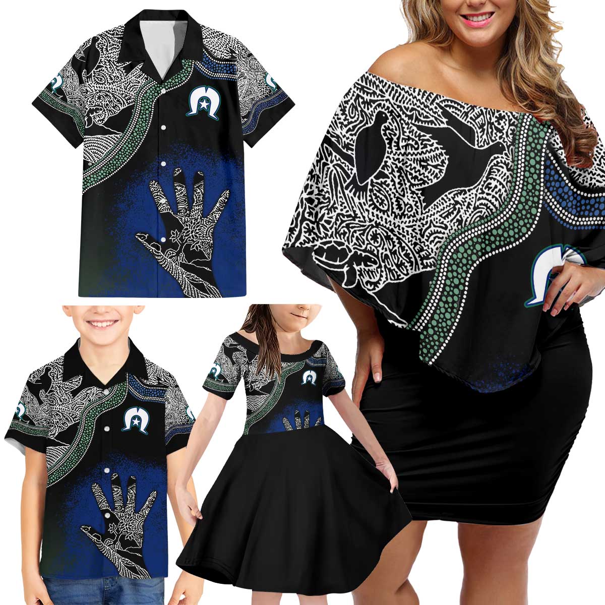 Black And White Aboriginal - Torres Strait Islanders Flag Family Matching Off Shoulder Short Dress and Hawaiian Shirt TS04