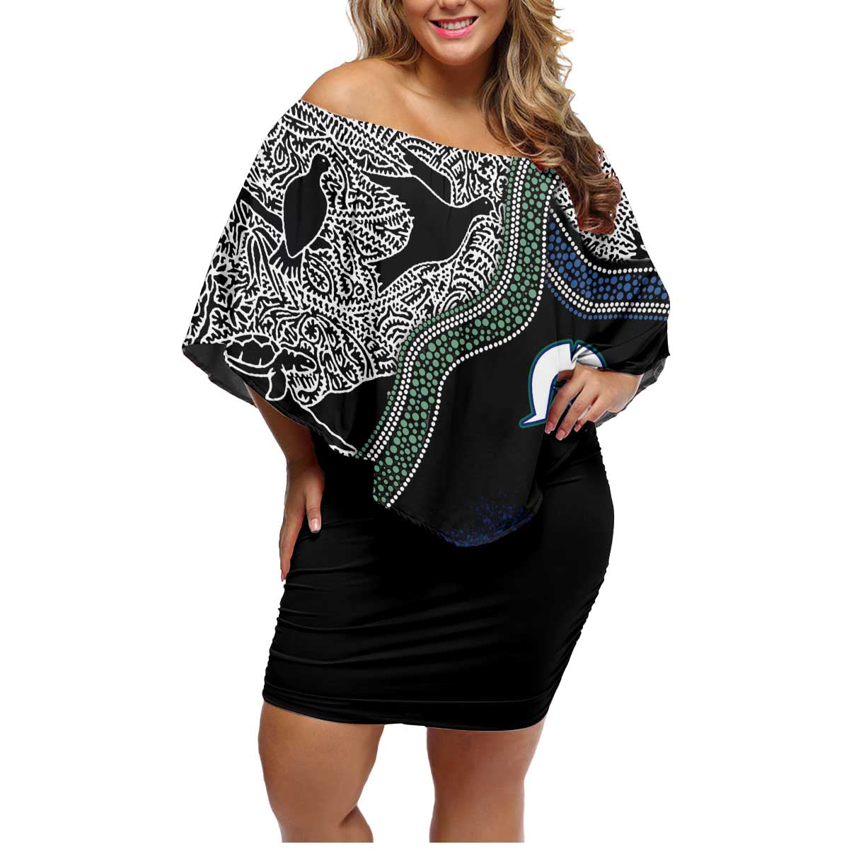 Black And White Aboriginal - Torres Strait Islanders Flag Family Matching Off Shoulder Short Dress and Hawaiian Shirt TS04