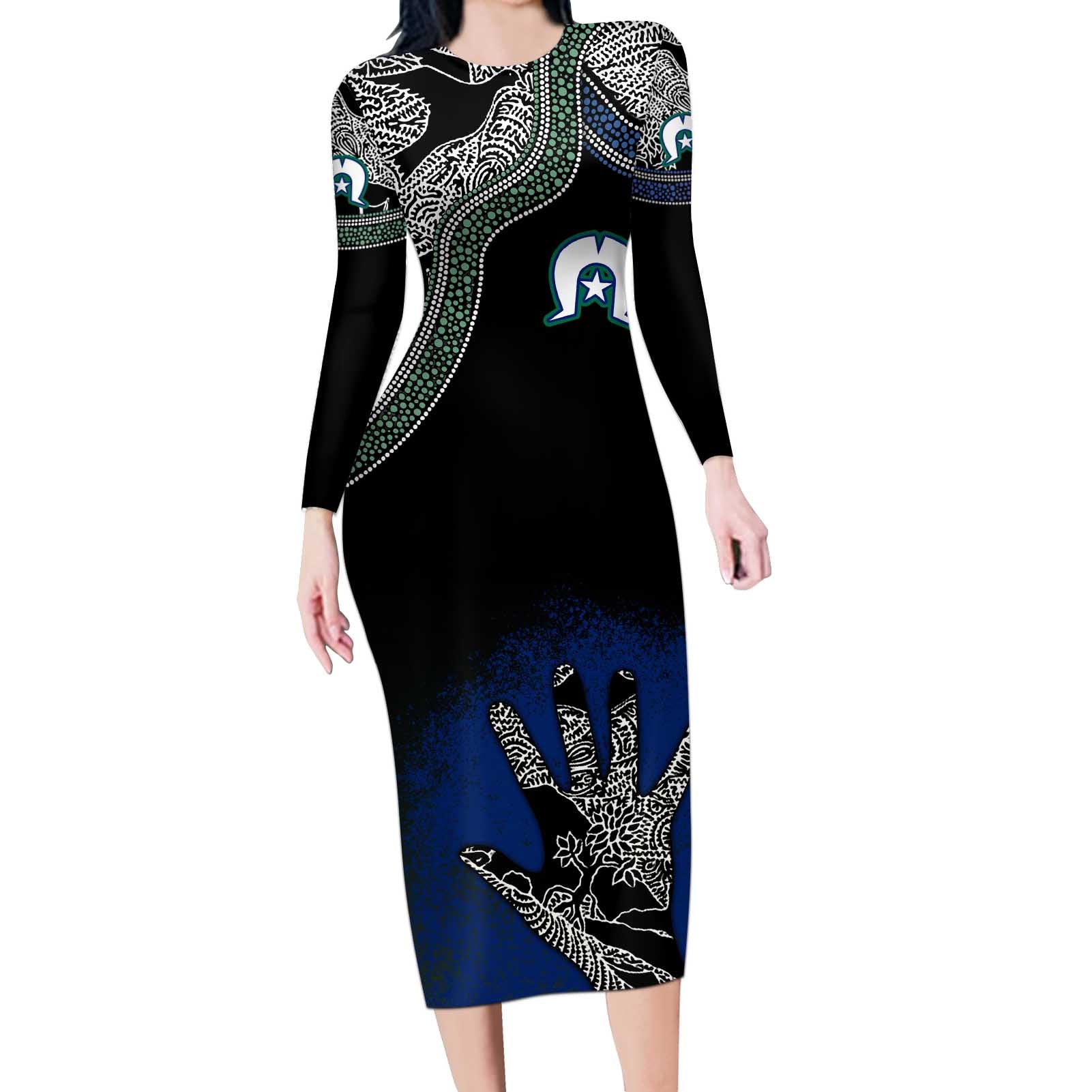 Black And White Aboriginal - Torres Strait Islanders Flag Long Sleeve Bodycon Dress TS04