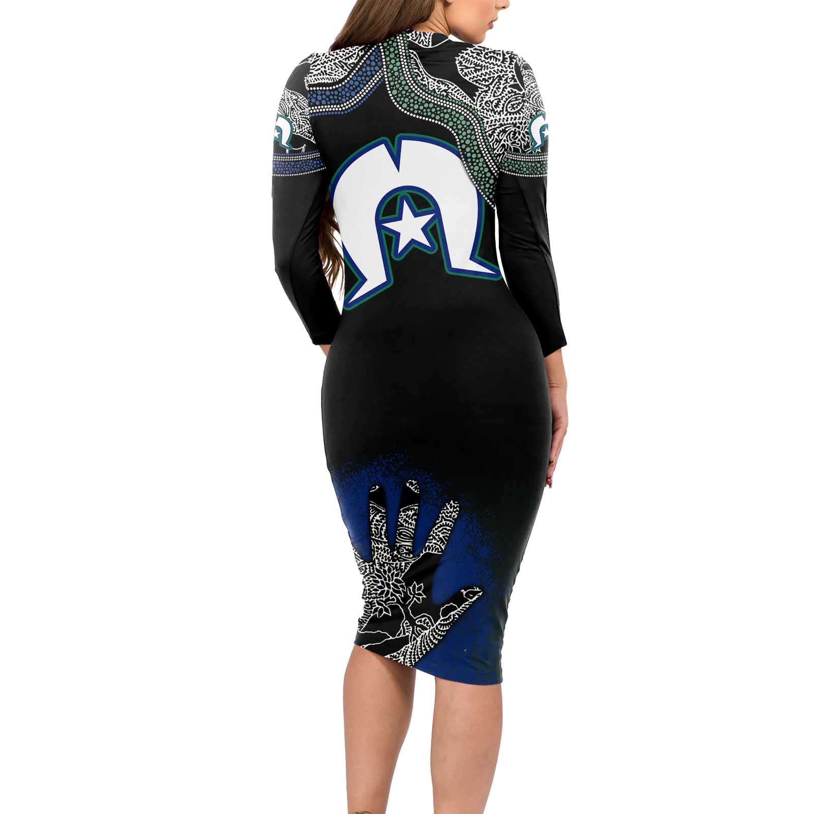 Black And White Aboriginal - Torres Strait Islanders Flag Long Sleeve Bodycon Dress TS04