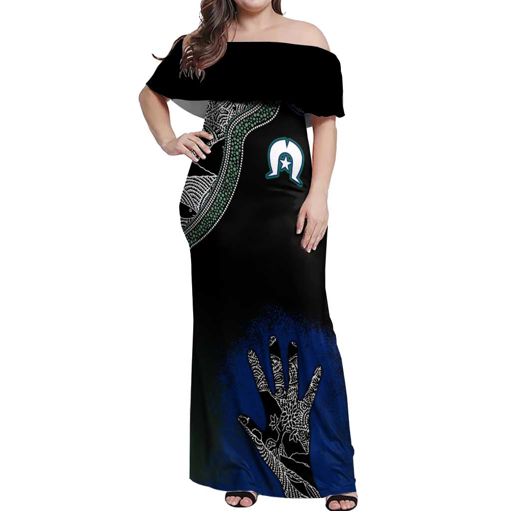 Black And White Aboriginal - Torres Strait Islanders Flag Off Shoulder Maxi Dress TS04