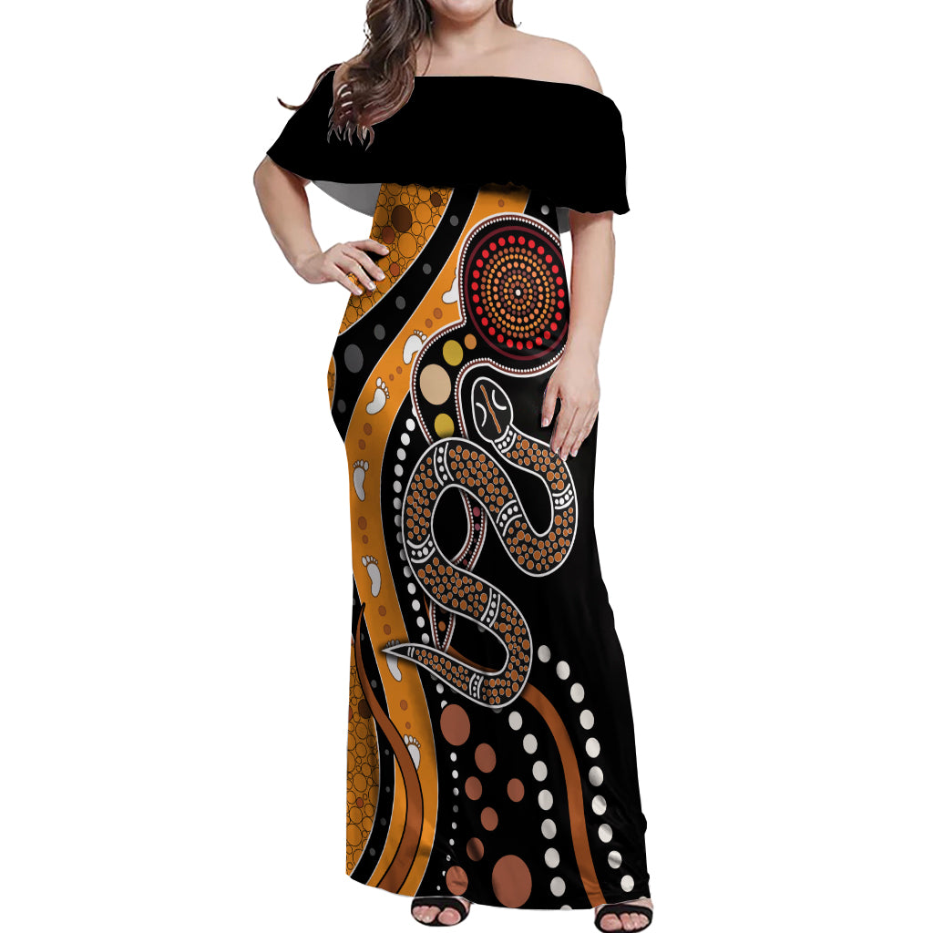 Aboriginal Snake Pattern Dot Art Off Shoulder Maxi Dress