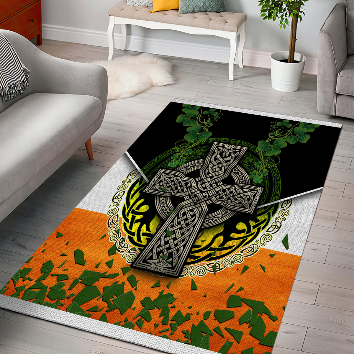 Irish Cross Mix With Shamrock Floral And Flag Area Rug - Vibe Hoodie Shop