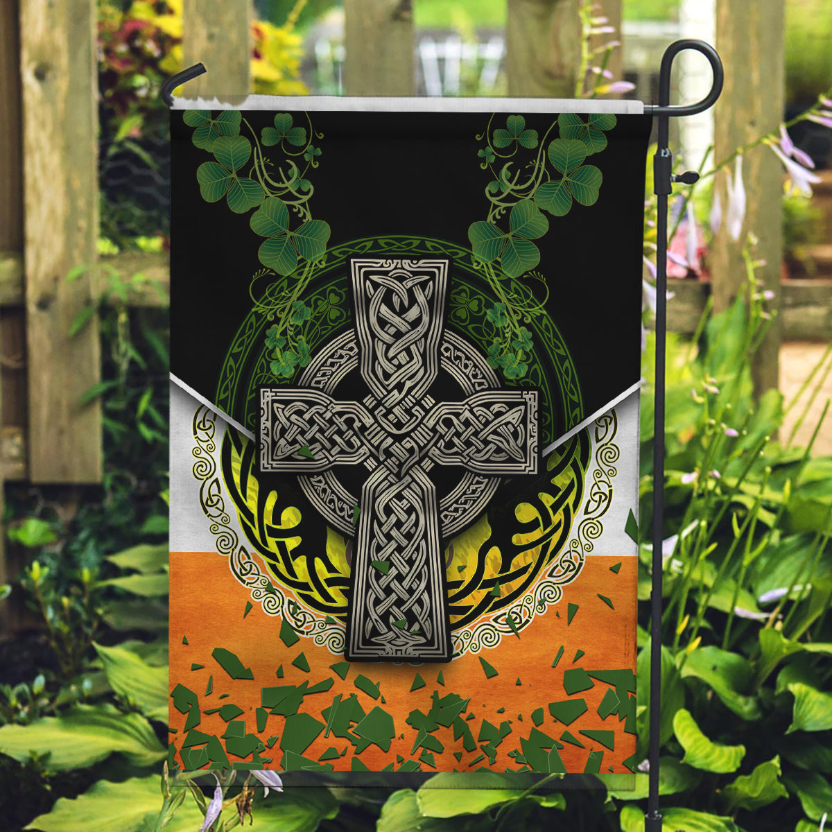 Irish Cross Mix With Shamrock Floral And Flag Garden Flag - Vibe Hoodie Shop