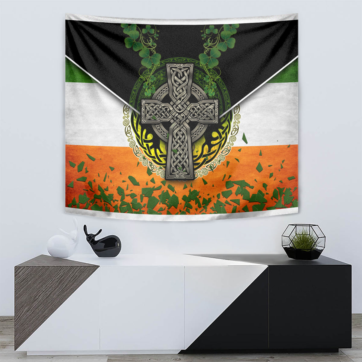 Irish Cross Mix With Shamrock Floral And Flag Tapestry - Vibe Hoodie Shop