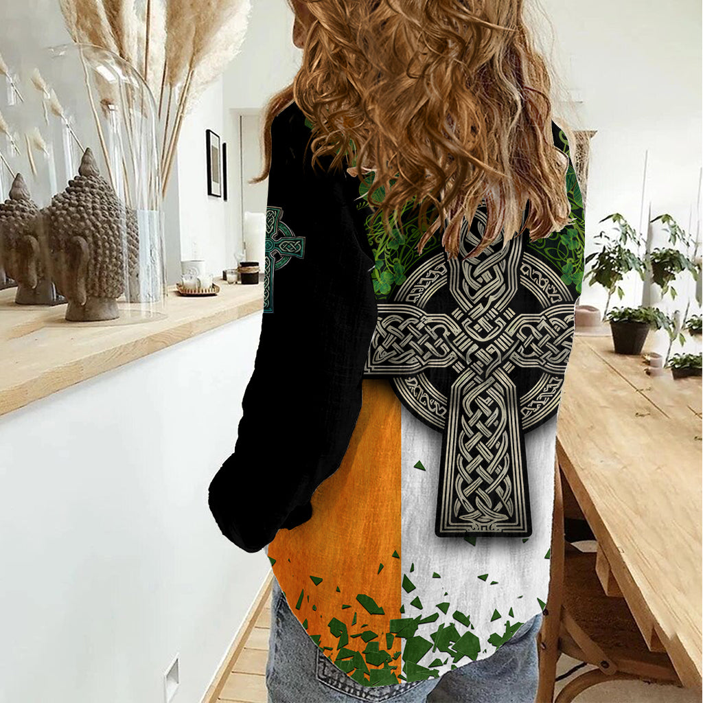 Irish Cross Mix With Shamrock Floral And Flag Women Casual Shirt - Vibe Hoodie Shop