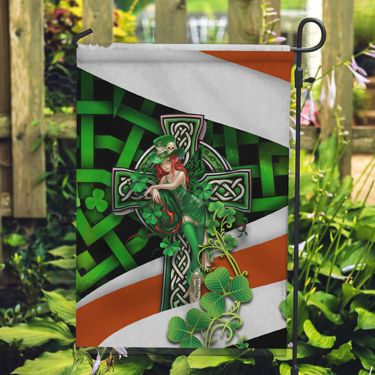 Patrick Day - Irish Cross - Lucky Girl Garden Flag - Vibe Hoodie Shop