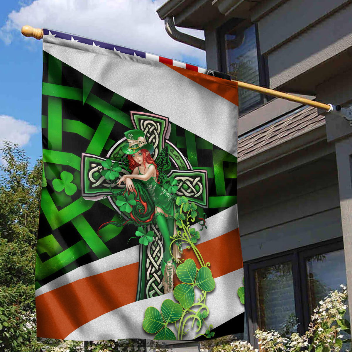 Patrick Day - Irish Cross - Lucky Girl Garden Flag - Vibe Hoodie Shop