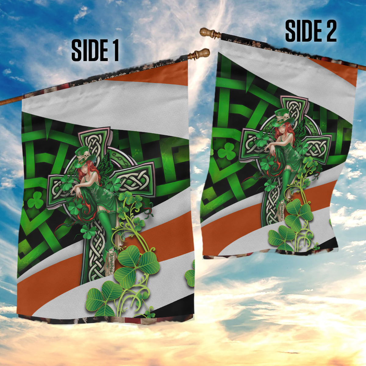 Patrick Day - Irish Cross - Lucky Girl Garden Flag - Vibe Hoodie Shop