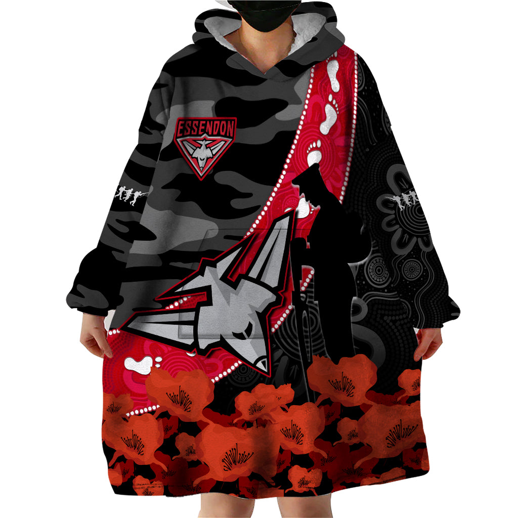 (Custom Text And Number) Essendon Football ANZAC 2023 Wearable Blanket Hoodie Bombers Aboriginal Mix Poppy Camouflage - Vibe Hoodie Shop