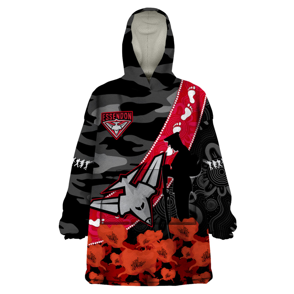 Essendon Football ANZAC 2023 Wearable Blanket Hoodie Bombers Aboriginal Mix Poppy Camouflage - Vibe Hoodie Shop