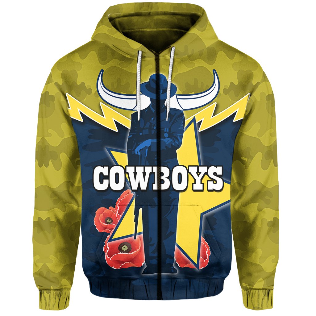 North Queensland Cowboys Zip Hoodie ANZAC Day Army Pattens - Vibe Hoodie Shop
