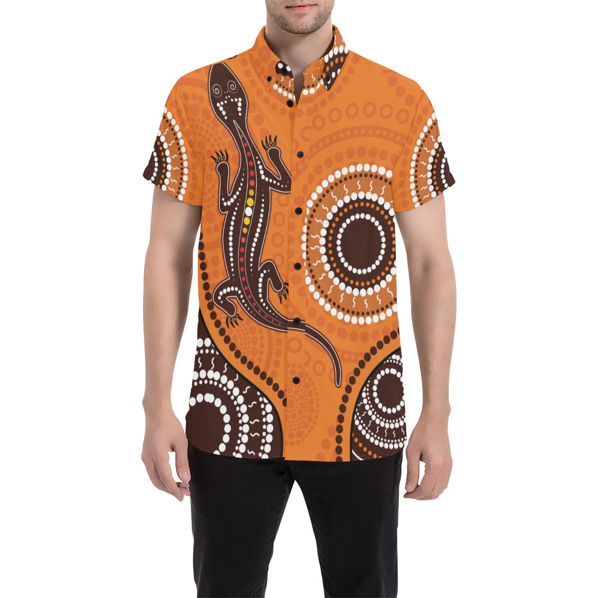 Aboriginal Short Sleeve Shirt - Orange Lizard Dot Painting Art - Vibe Hoodie Shop