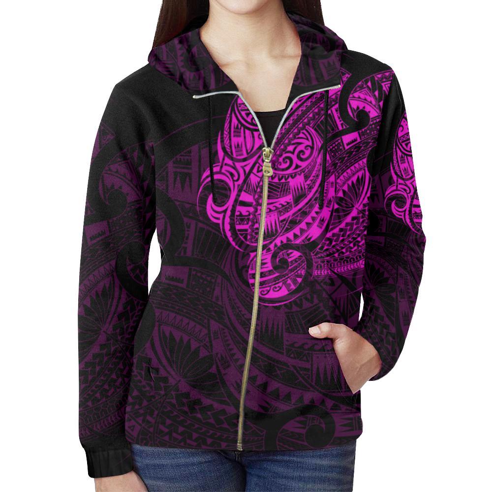 New Zealand Maori Tattoo All Over Print Zip Up Pink Hoodie - Vibe Hoodie Shop