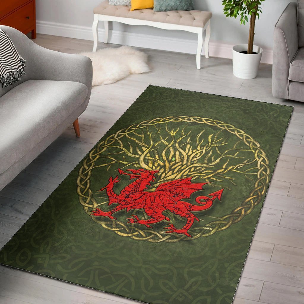 Wales Celtic Area Rug - Welsh Dragon With Celtic Tree - Vibe Hoodie Shop