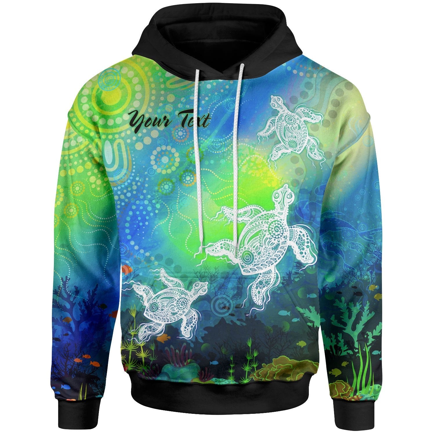 Custom Text Aboriginal Hoodie - Indigenous Turtle Ocean Dot Painting Art - Vibe Hoodie Shop