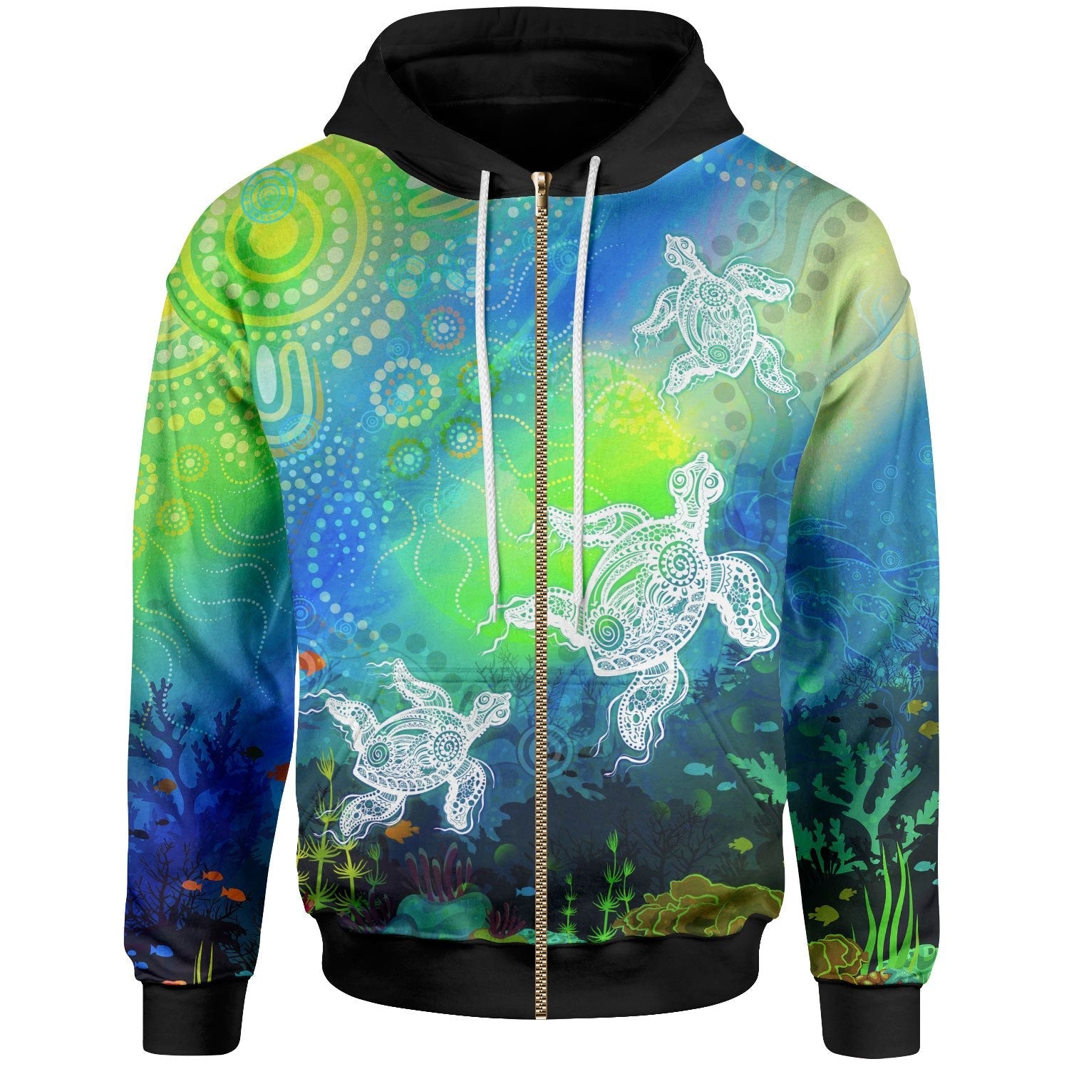 Aboriginal Zip - Up Hoodie - Indigenous Turtle Ocean Dot Painting Art - Vibe Hoodie Shop