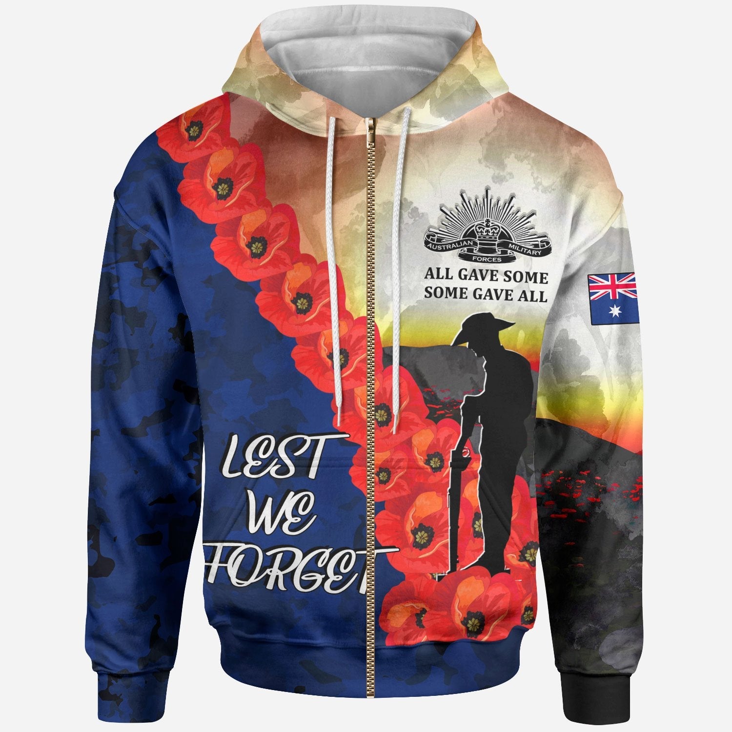 ANZAC Lest We Forget Zip - Up Hoodie - All Gave Some, Some Gave All - - Vibe Hoodie Shop