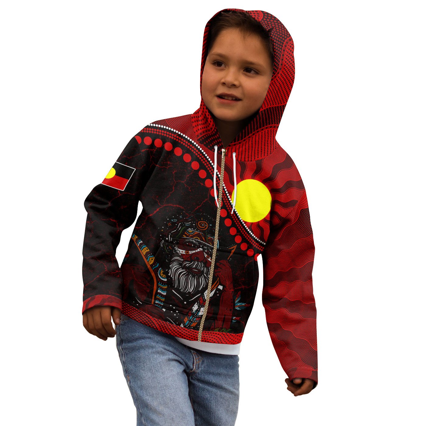 Aboriginal Zip - Up Hoodie Kid - Indigenous People And Sun - Vibe Hoodie Shop