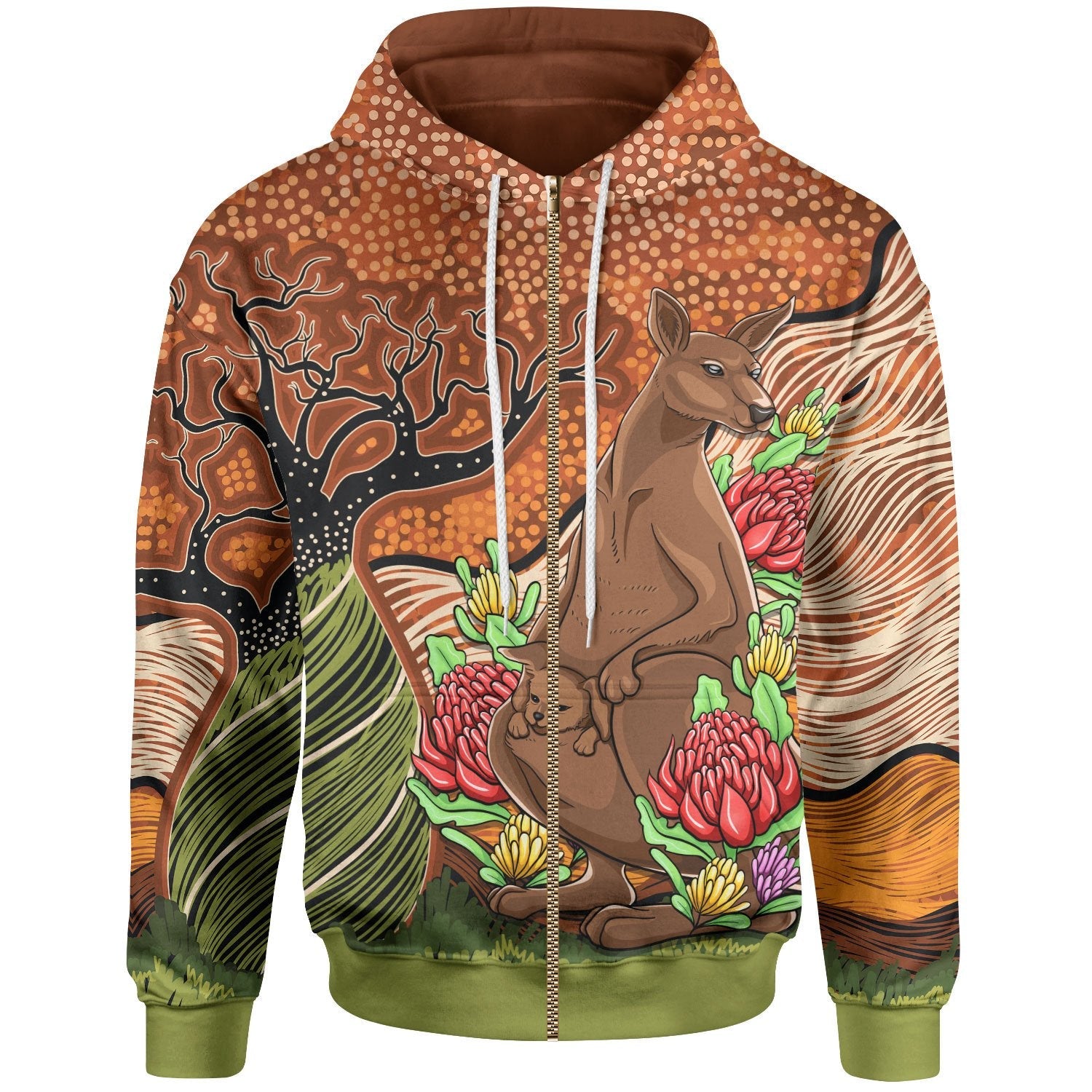 Aboriginal Zip - Up Hoodie - Kangaroo With Indigenous Tree - Vibe Hoodie Shop