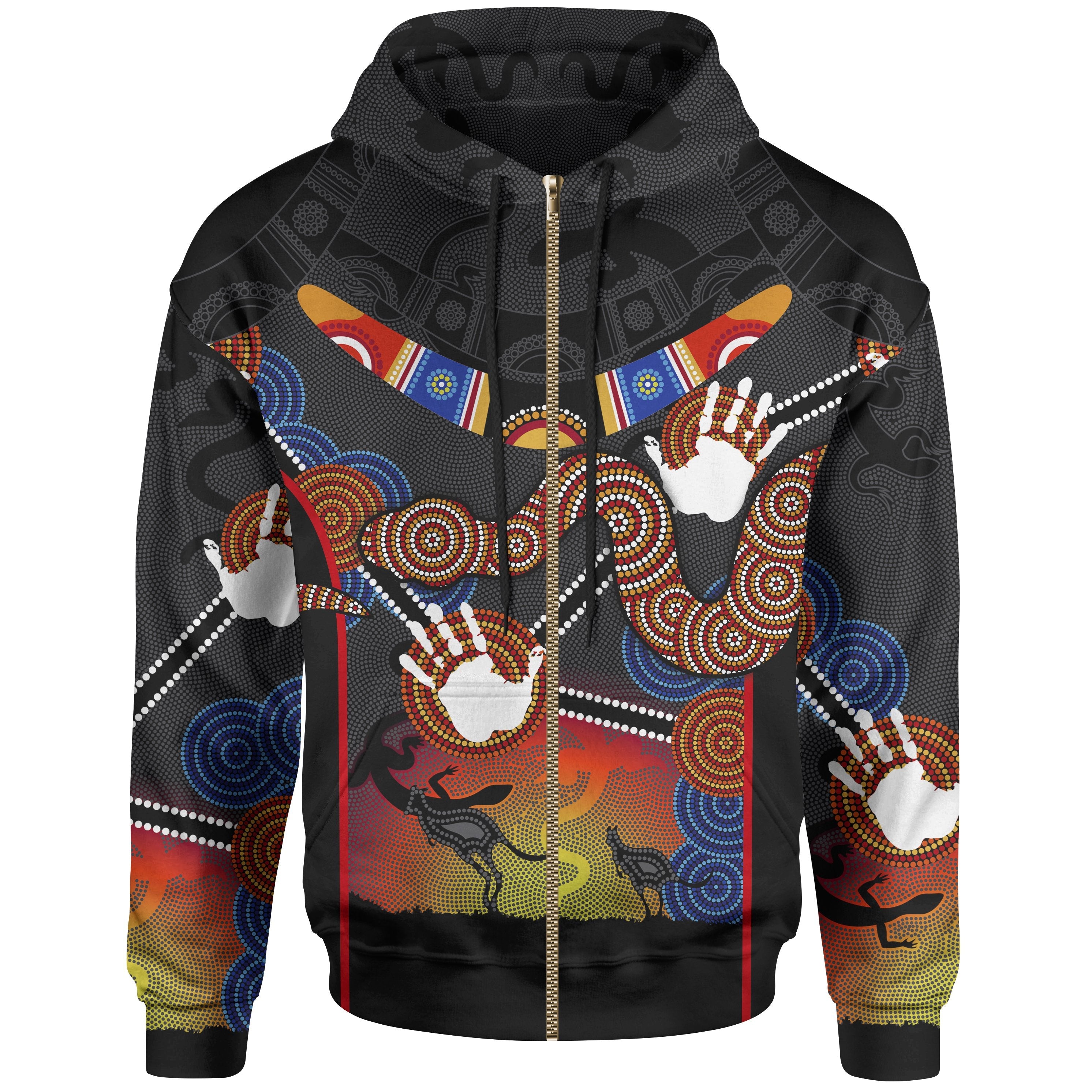 Aboriginal Zip - Up Hoodie, Australian Boomerang and Snake Indigenous Art - Vibe Hoodie Shop