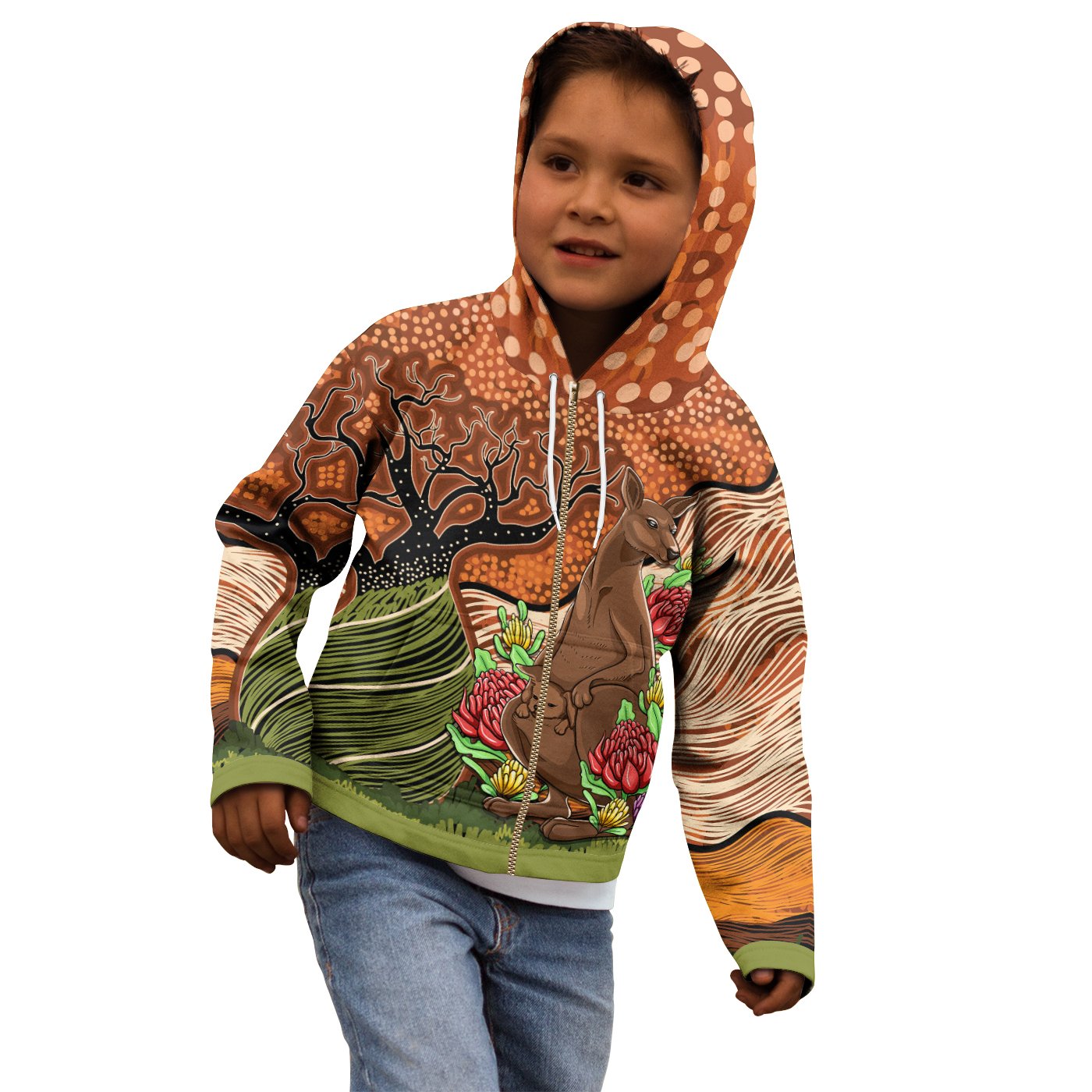 Aboriginal Zip - Up Hoodie - Kangaroo With Indigenous Tree - Vibe Hoodie Shop