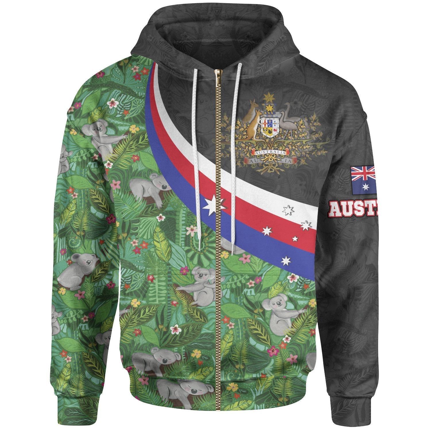 Zip - Up Hoodie, Australia Coat Of Arms with Koala Patterns - - Vibe Hoodie Shop