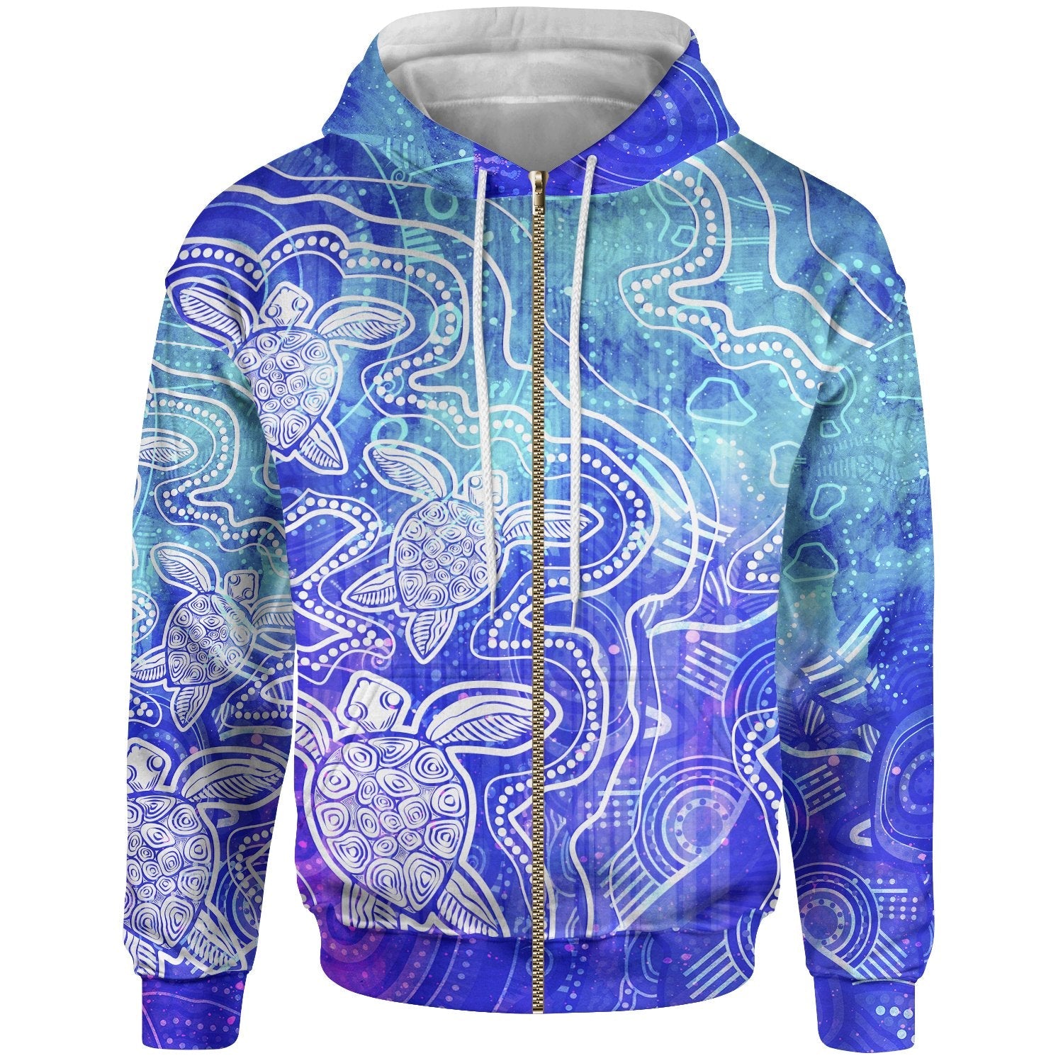 Aboriginal Hoodie Zip - Up - Sea Turtle With Indigenous Patterns (Blue) - Vibe Hoodie Shop