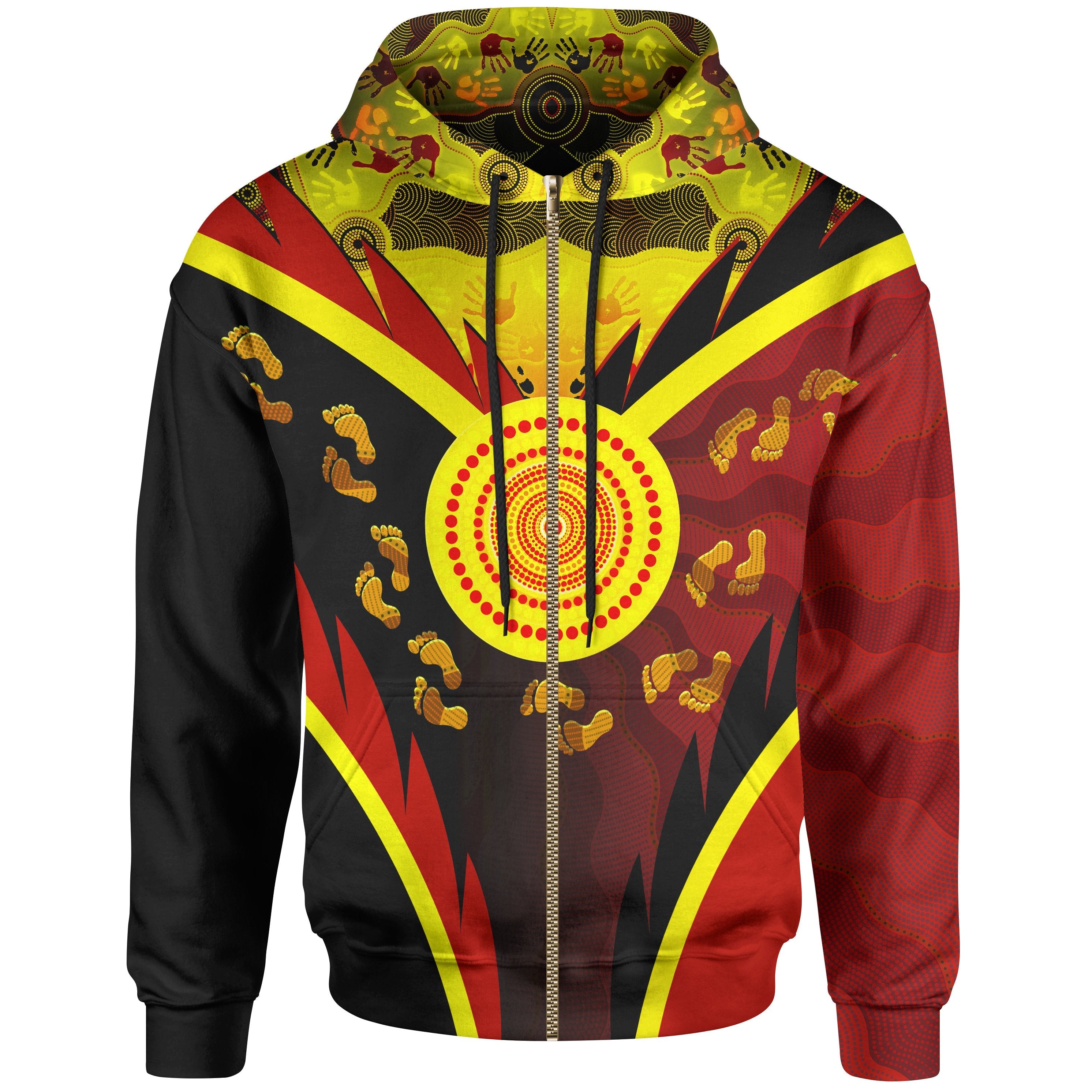 Aboriginal Zip - Up Hoodie - Indigenous Flag With Footprint Hand Art - Vibe Hoodie Shop