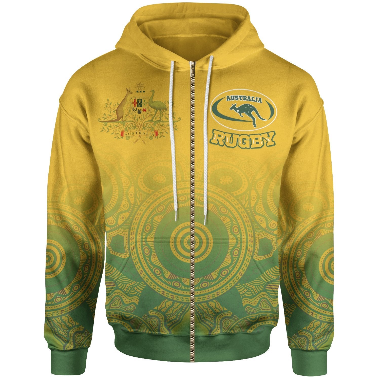 Aboriginal Zip - Up Hoodie, Australia Rugby and Coat Of Arms - Vibe Hoodie Shop