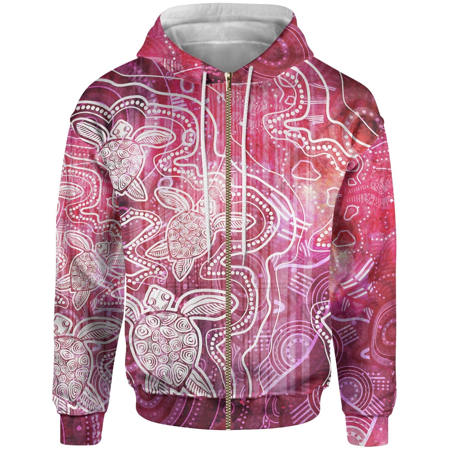 Aboriginal Hoodie Zip - Up - Sea Turtle With Indigenous Patterns (Pink) - Vibe Hoodie Shop