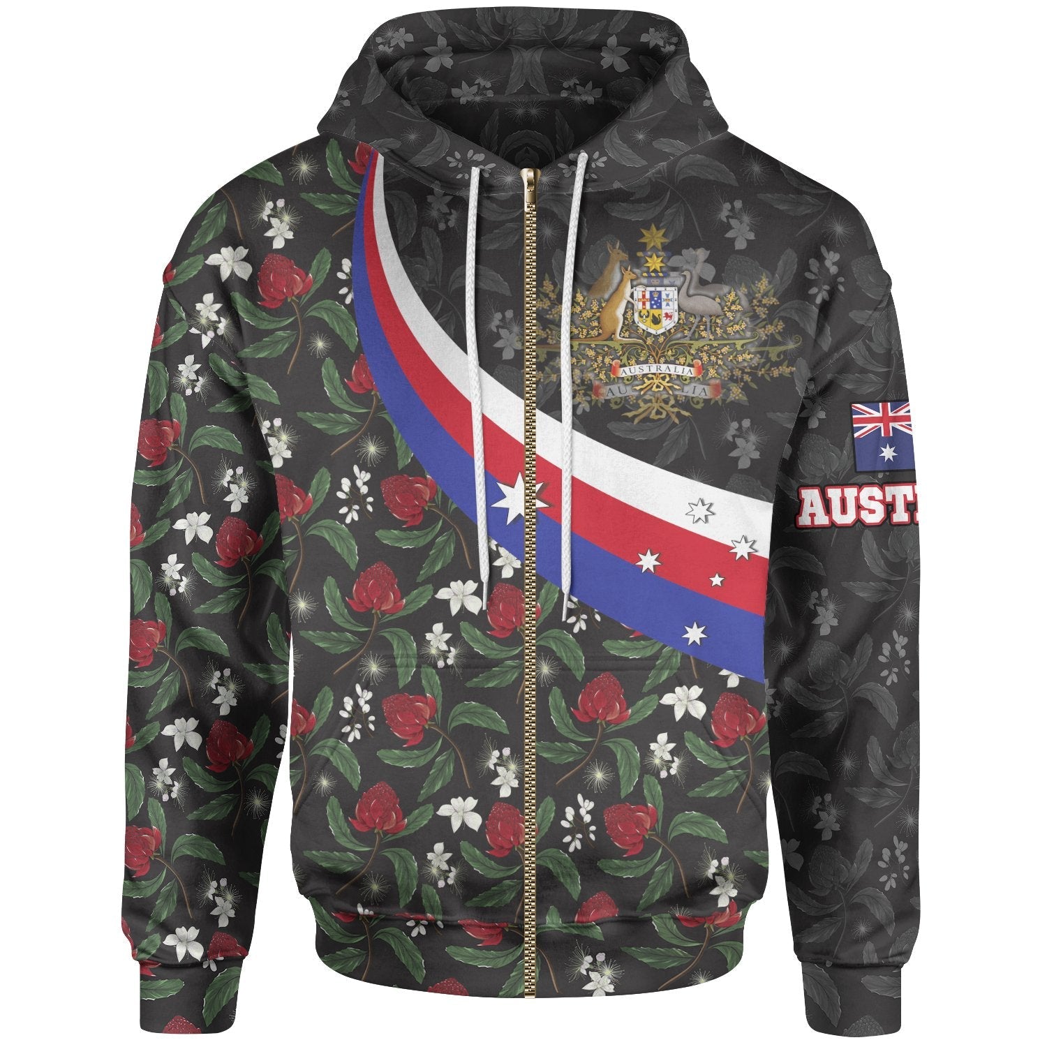 Zip - Up Hoodie, Australia Coat Of Arms with Waratah Patterns - Vibe Hoodie Shop