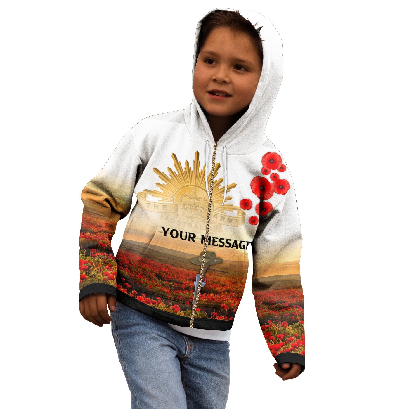 Custom ANZAC Day 2021 Kid Zip - Up Hoodie - We Will Remember Them - Vibe Hoodie Shop