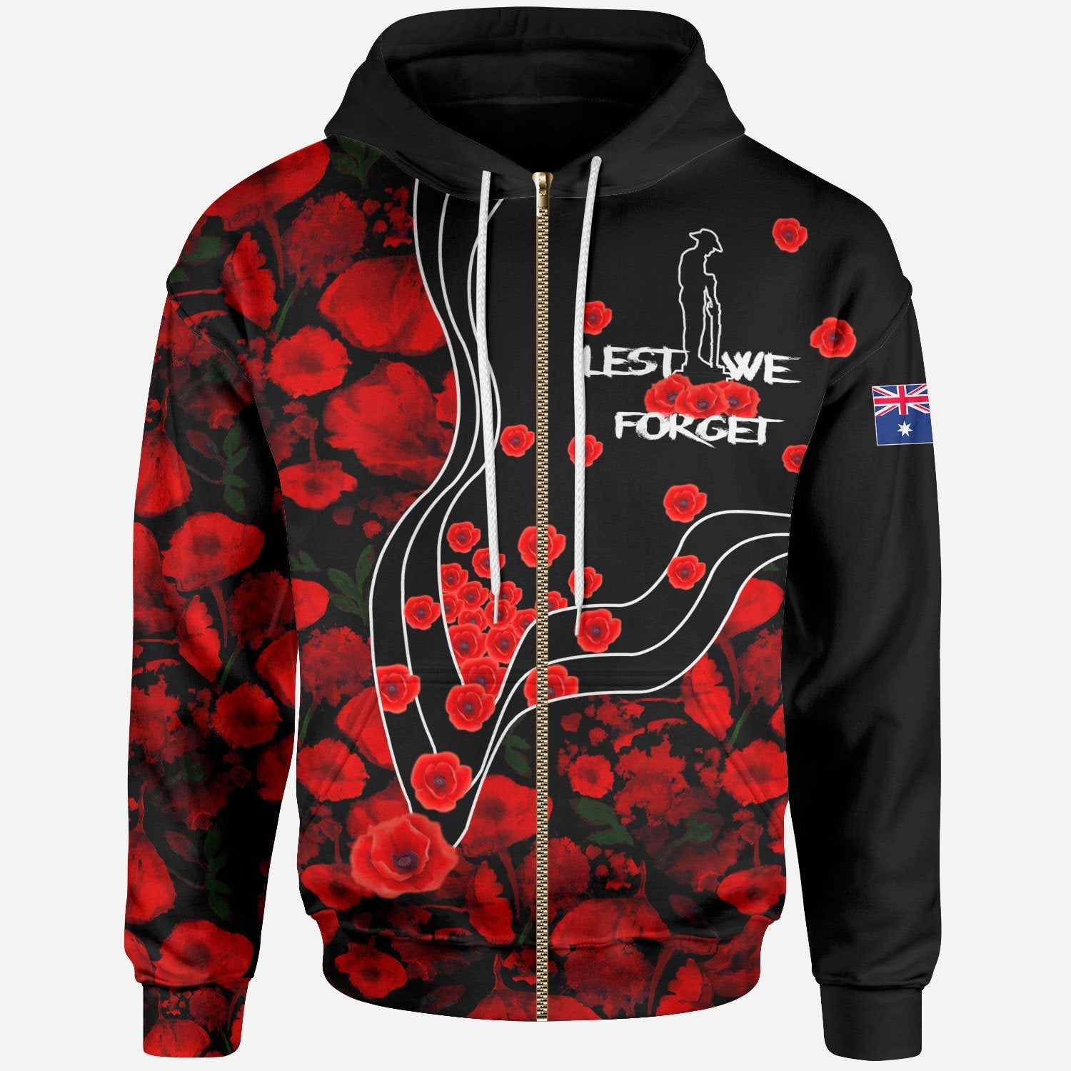 ANZAC Lest We Forget Zip - Up Hoodie - Poppy Flowers - Vibe Hoodie Shop